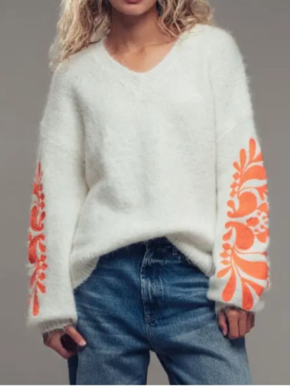 Fuzzy Knit Sweater Floral Sleeve Cozy Soft Pullover Size